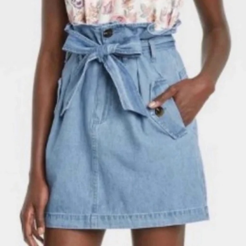 Who What Wear Women 6 Blue Denim Cotton High Rise Belted Paperbag Mini Skirt NWT